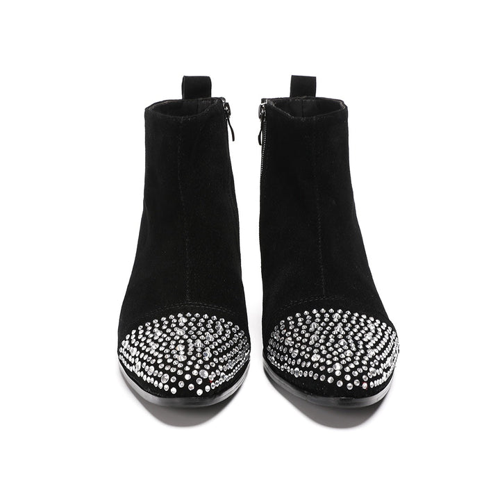 Pair of black suede ankle boots with a studded pointed toe and block heels, shown from various angles.