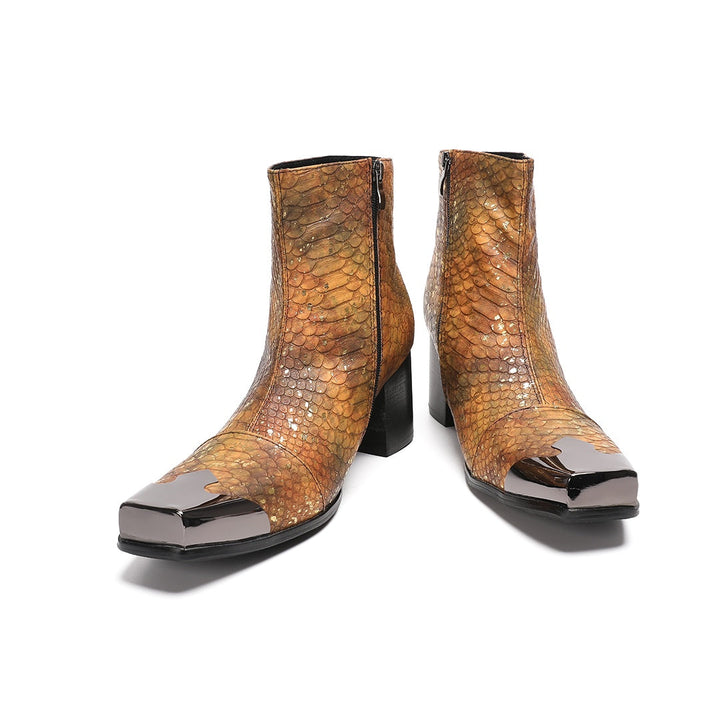 Men's brown and gold snakeskin pattern ankle boot with a square metal toe and black block heel.