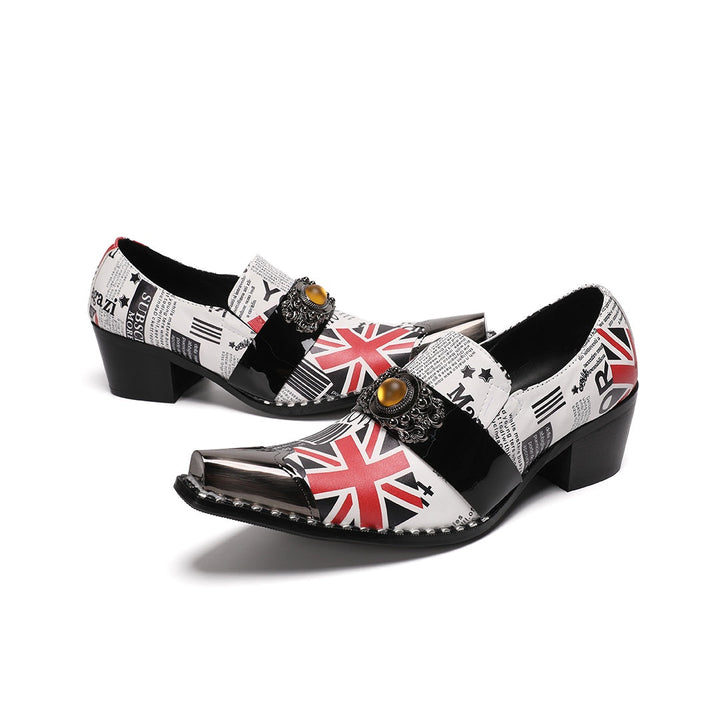 Pair of men's slip-on loafers with a pointed metallic toe, featuring a white upper with Union Jack and newspaper print, black