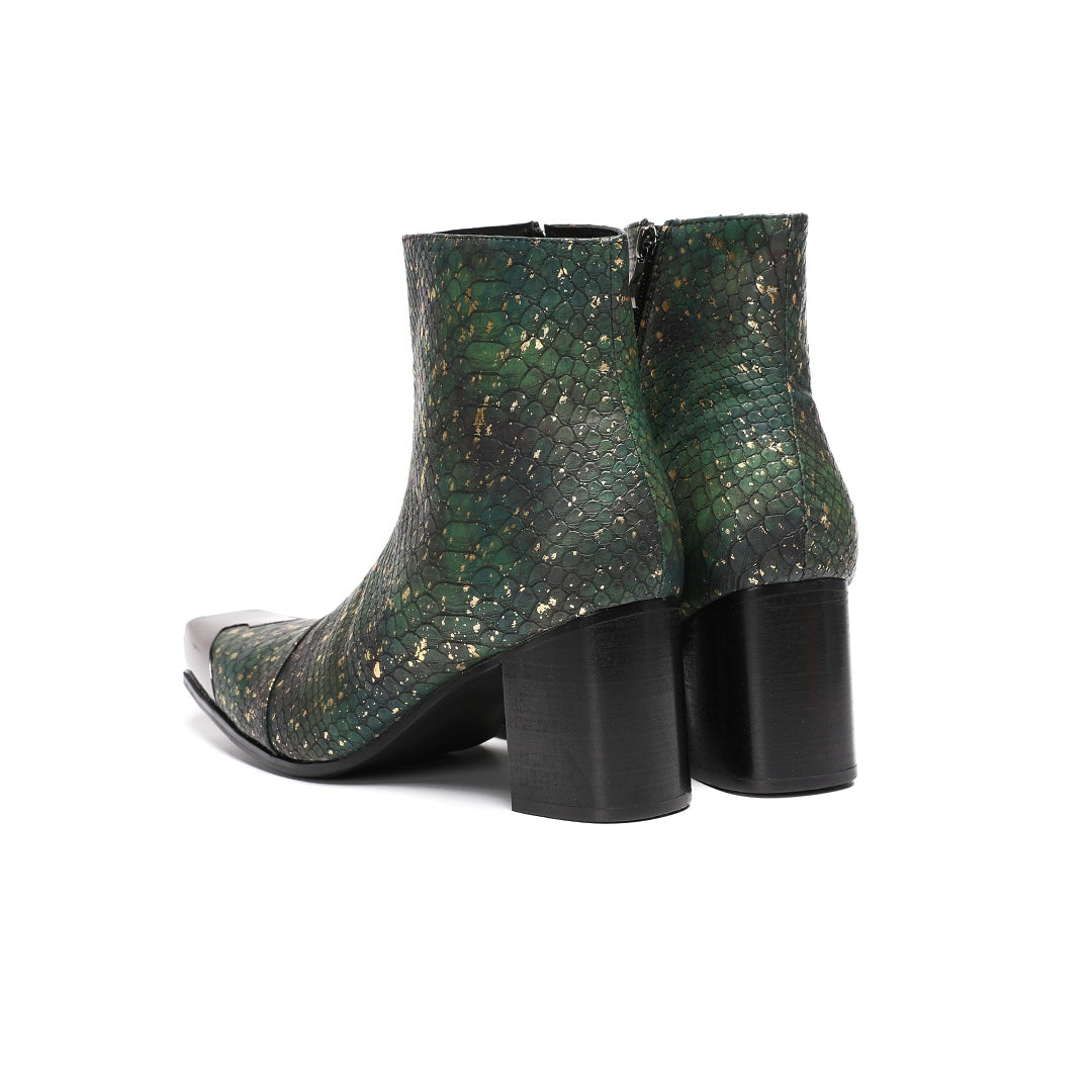 Pair of green and gold snake print ankle boots with a square metal toe cap and block heel.