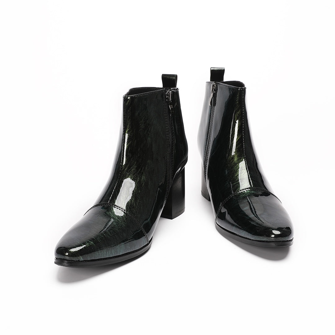 Dolashoes iridescent green pointed toe ankle boots with block heel and side zipper