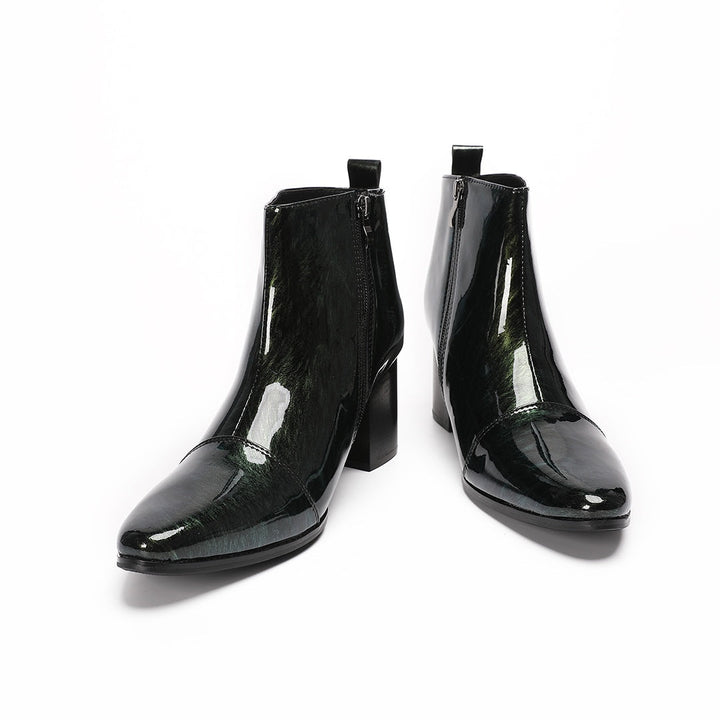 Dolashoes iridescent green pointed toe ankle boots with block heel and side zipper