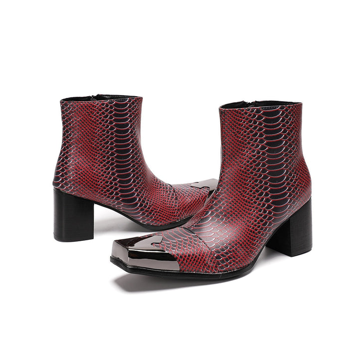 A pair of men's red and black snakeskin pattern ankle boots with a square metal toe and block heel, shown from various