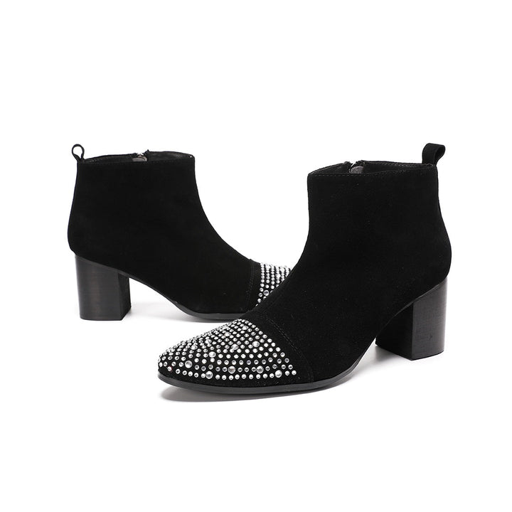 Pair of black suede ankle boots with a studded pointed toe and block heels, shown from various angles.