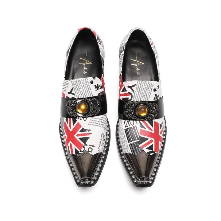 Pair of men's slip-on loafers with a pointed metallic toe, featuring a white upper with Union Jack and newspaper print, black
