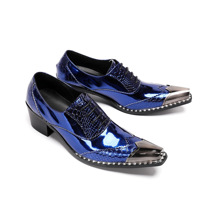 Pair of men's blue patent leather dress shoes with crocodile texture, a shiny metallic square toe, and a chunky heel, viewed