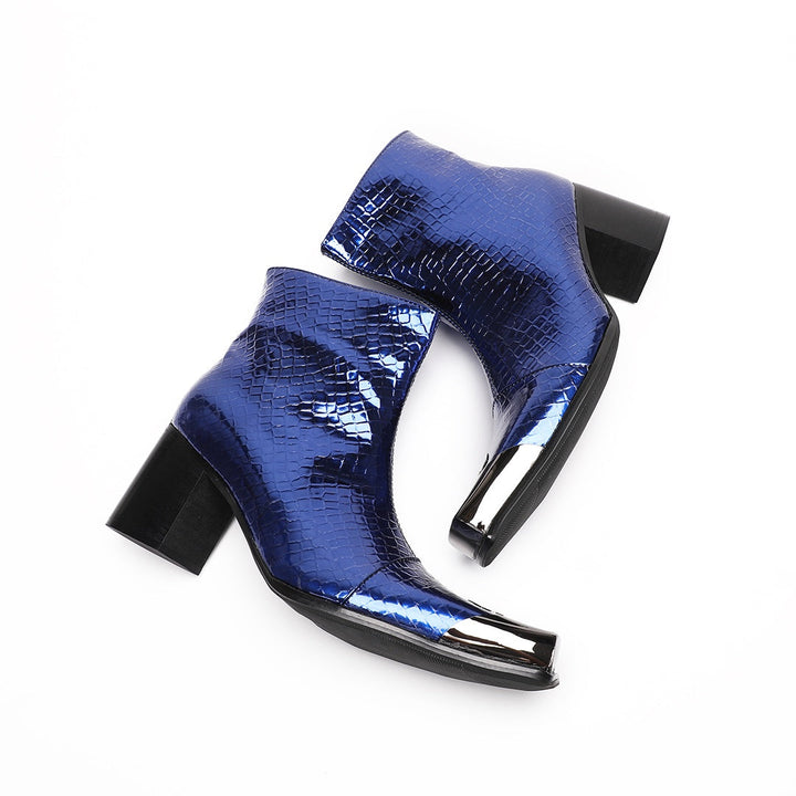 Pair of men's blue patent croc-embossed ankle boots with a square metal toe cap and block heel.