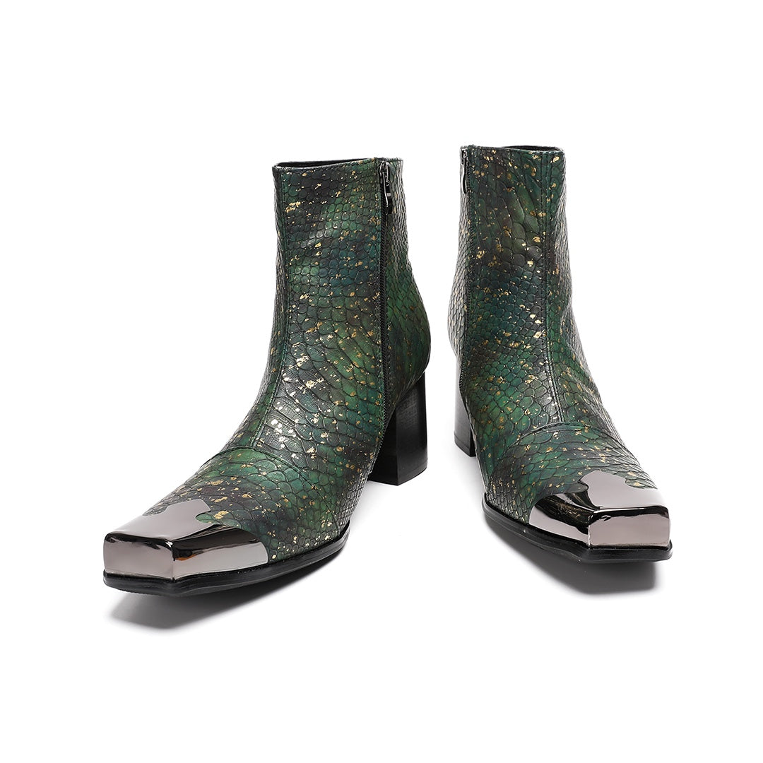 Pair of green and gold snake print ankle boots with a square metal toe cap and block heel.