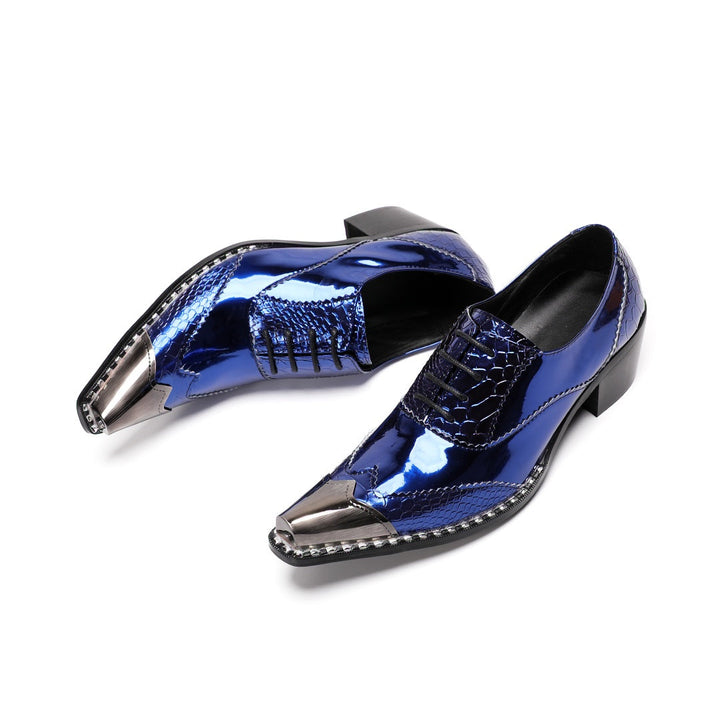 Pair of men's blue patent leather dress shoes with crocodile texture, a shiny metallic square toe, and a chunky heel, viewed