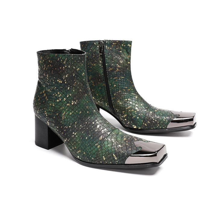 Pair of green and gold snake print ankle boots with a square metal toe cap and block heel.