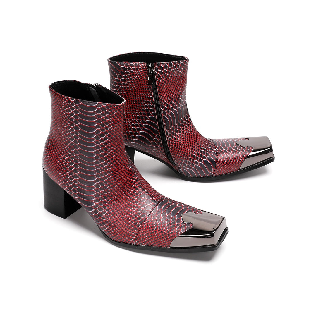 A pair of men's red and black snakeskin pattern ankle boots with a square metal toe and block heel, shown from various