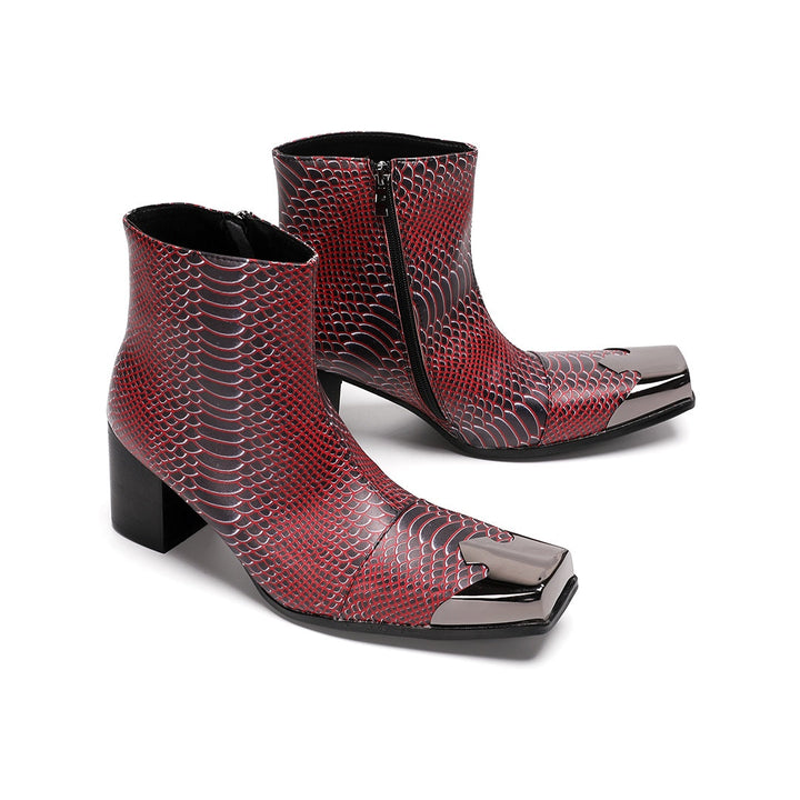 A pair of men's red and black snakeskin pattern ankle boots with a square metal toe and block heel, shown from various
