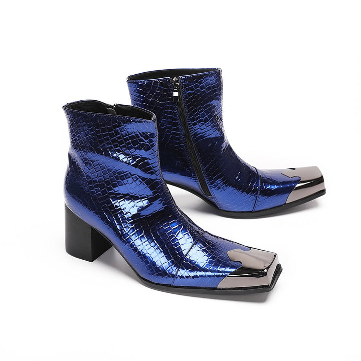 Pair of men's blue patent croc-embossed ankle boots with a square metal toe cap and block heel.