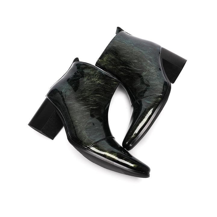 Dolashoes iridescent green pointed toe ankle boots with block heel and side zipper