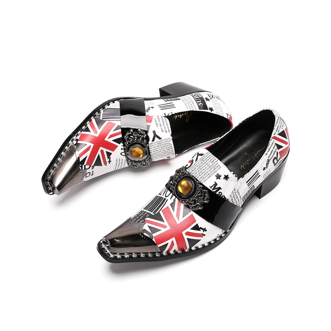 Pair of men's slip-on loafers with a pointed metallic toe, featuring a white upper with Union Jack and newspaper print, black