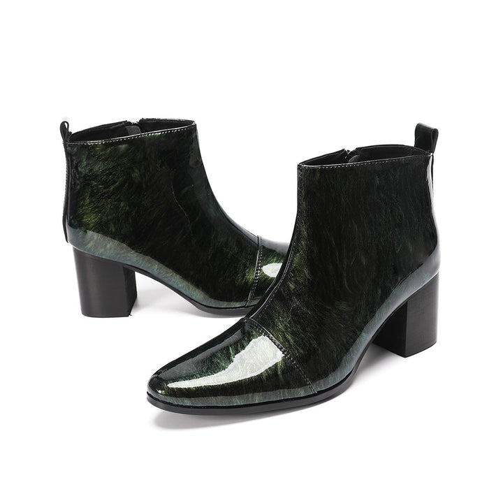 Dolashoes iridescent green pointed toe ankle boots with block heel and side zipper