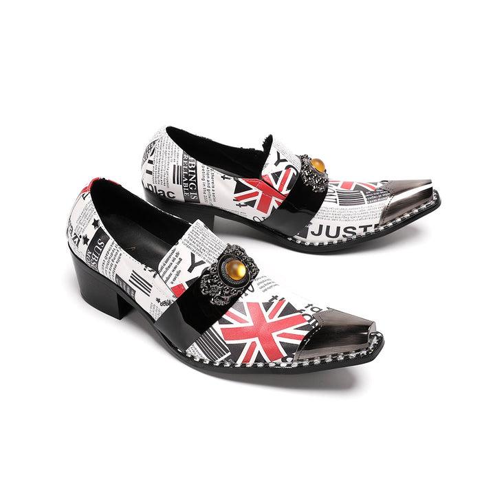 Pair of men's slip-on loafers with a pointed metallic toe, featuring a white upper with Union Jack and newspaper print, black