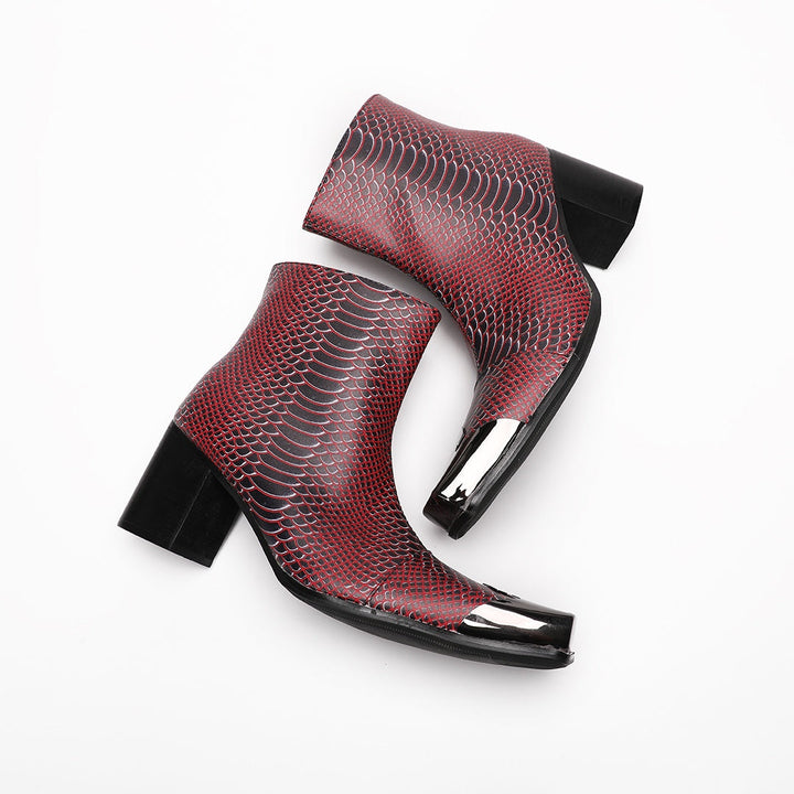 A pair of men's red and black snakeskin pattern ankle boots with a square metal toe and block heel, shown from various