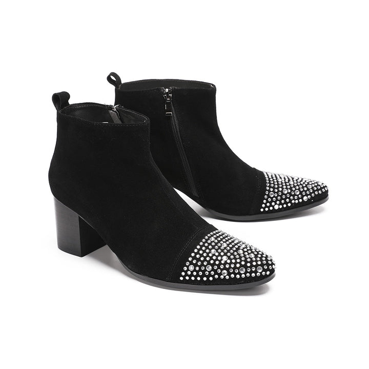 Pair of black suede ankle boots with a studded pointed toe and block heels, shown from various angles.