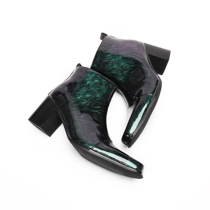Pair of Dolashoes iridescent green-purple patent leather square toe ankle boots with block heels and side zippers, displayed