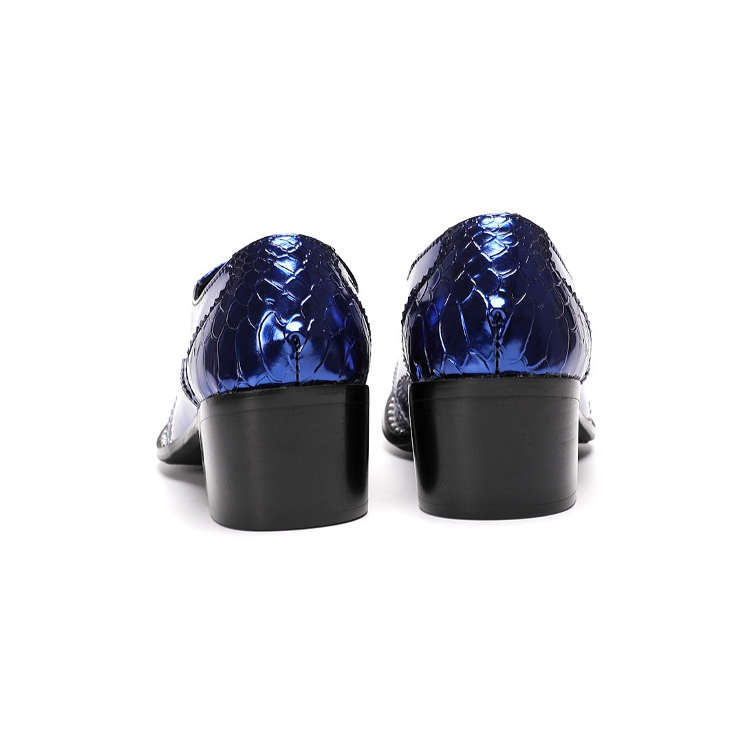 Pair of men's blue patent leather dress shoes with crocodile texture, a shiny metallic square toe, and a chunky heel, viewed