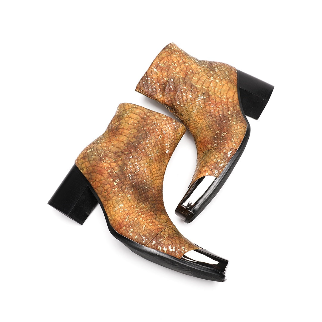 Men's brown and gold snakeskin pattern ankle boot with a square metal toe and black block heel.