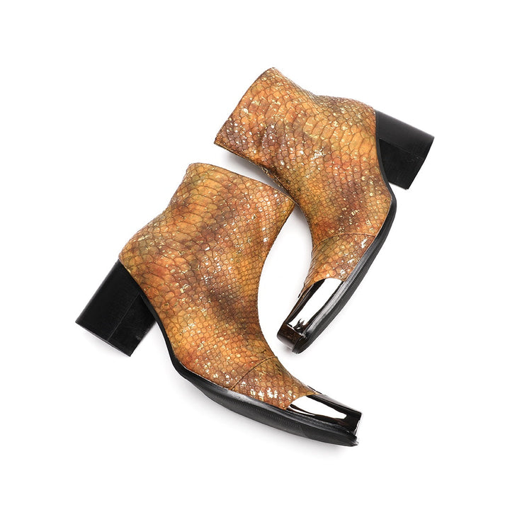 Men's brown and gold snakeskin pattern ankle boot with a square metal toe and black block heel.