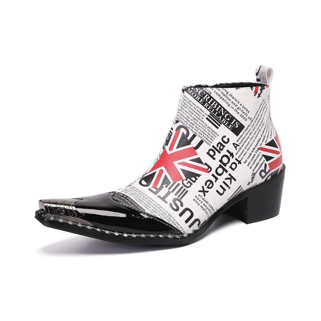 Men's white ankle boots with black newspaper print, red Union Jack flags, a sharp pointed toe with a black patent leather