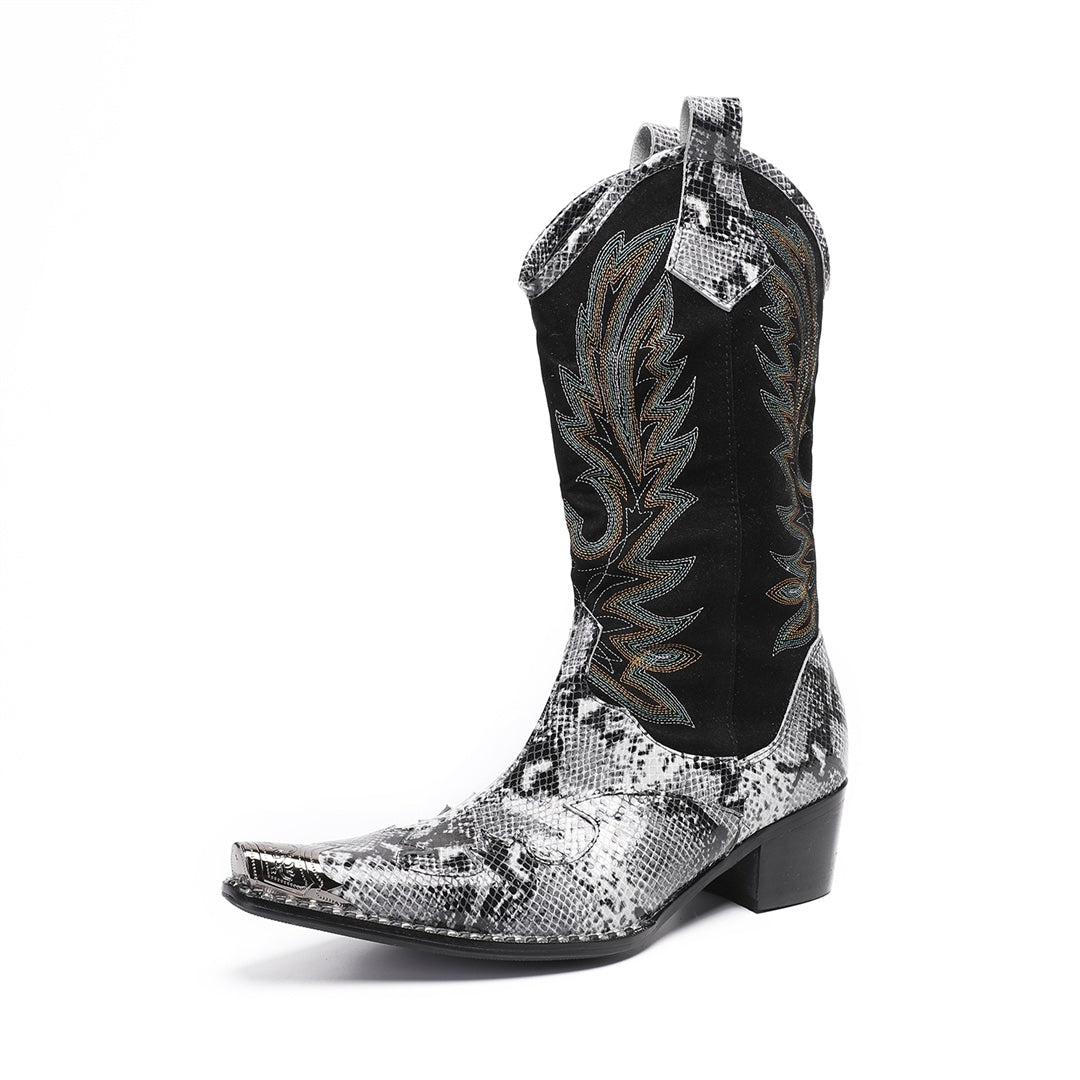 A pair of black and white snakeskin cowboy boots with an embroidered shaft and metal-tipped pointed toe.