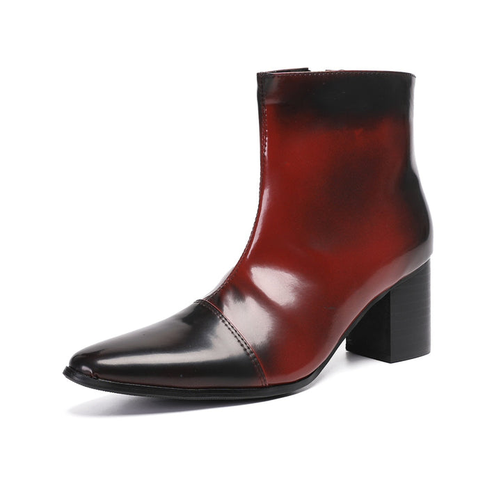 Pair of men's burnished red and black pointed toe ankle boots with a side zipper and sturdy block heel.