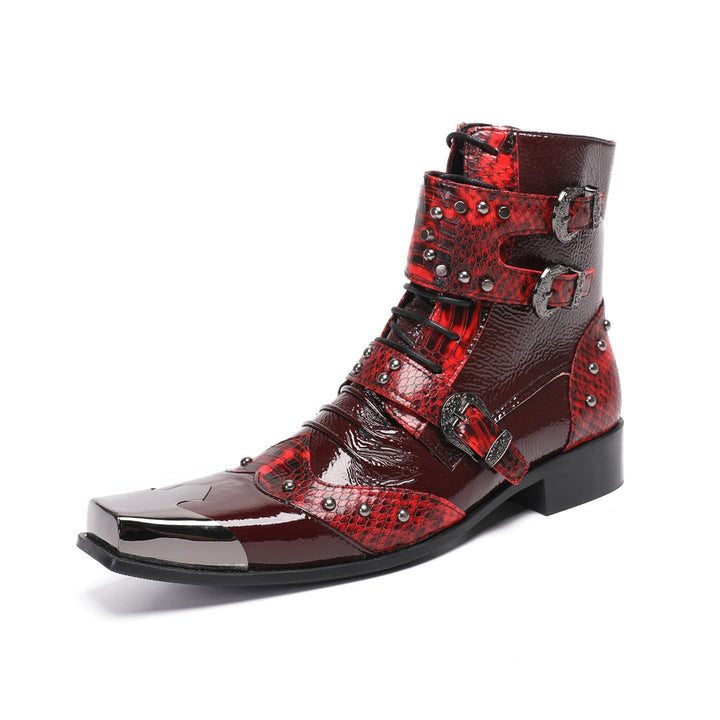 A pair of men's red studded ankle boots with snake print and metal toe cap, shown against a white background.