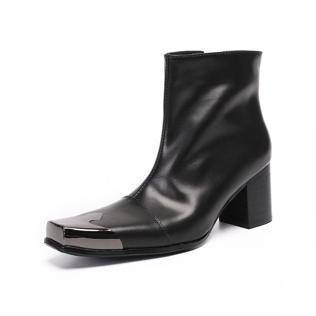 A pair of men's black leather square toe ankle boots with a gunmetal cap and block heel, shown from various angles.
