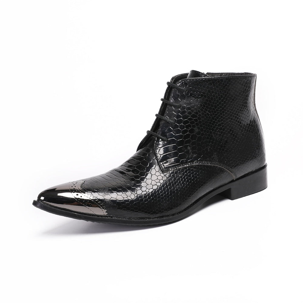 Pair of men's black snakeskin embossed ankle boots with a shiny metal pointed toe cap, lace-up front, and side zipper.