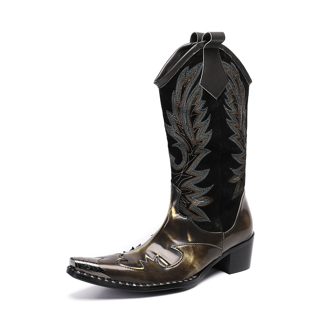Pair of men's black and metallic bronze cowboy boots with intricate embroidery and a sharp pointed toe, shown against a white