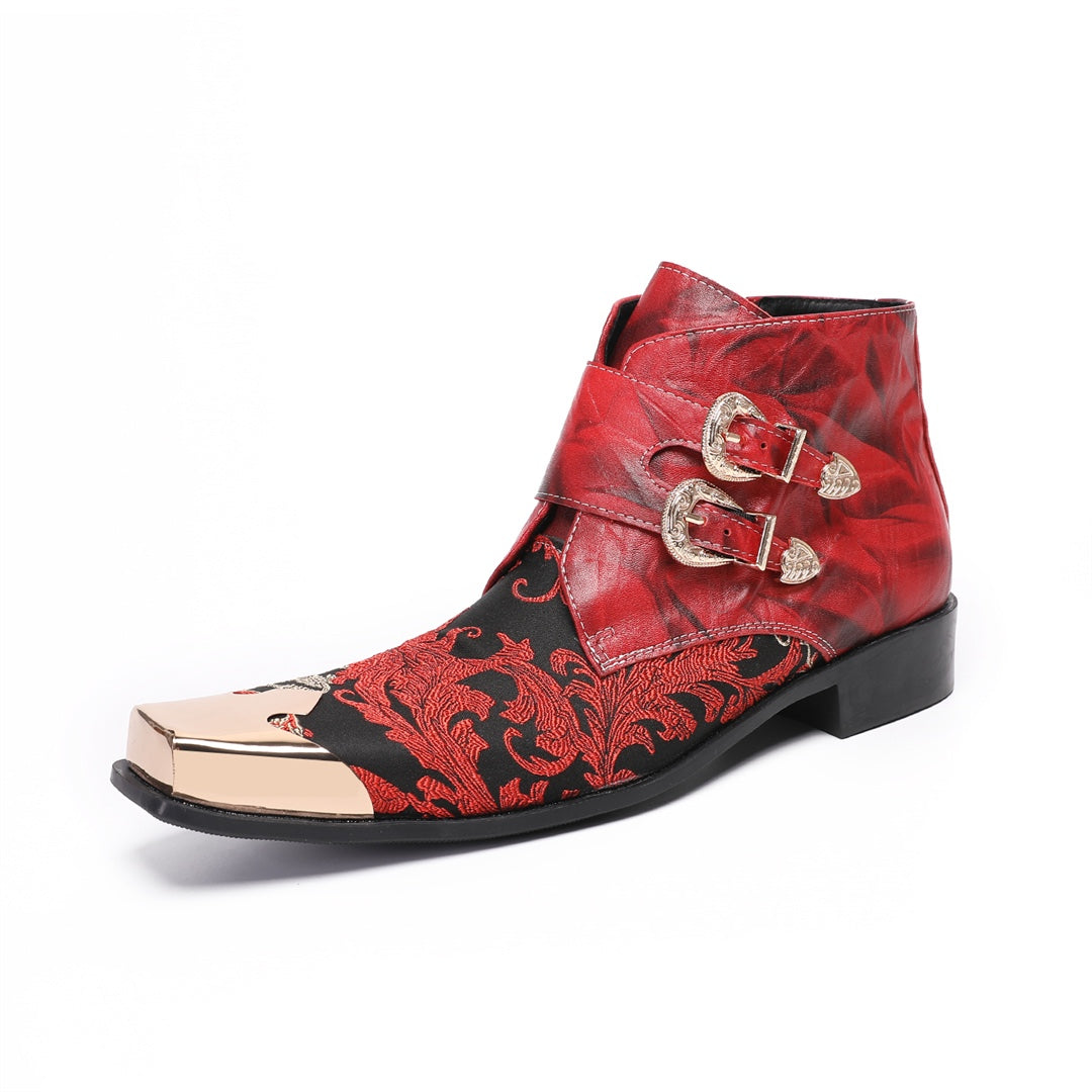 Pair of men's red and black embroidered ankle boots with gold metal square toe caps and double buckle straps.