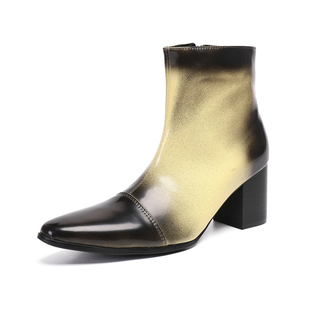 Pair of men's gradient ankle boots with a black to gold finish, pointed toe, and block heel, shown from various angles.