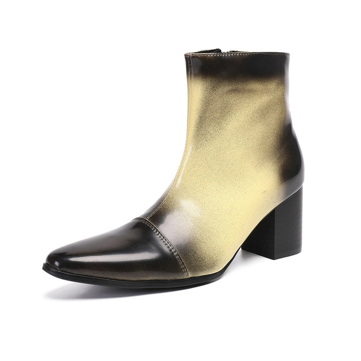 Pair of men's gradient ankle boots with a black to gold finish, pointed toe, and block heel, shown from various angles.