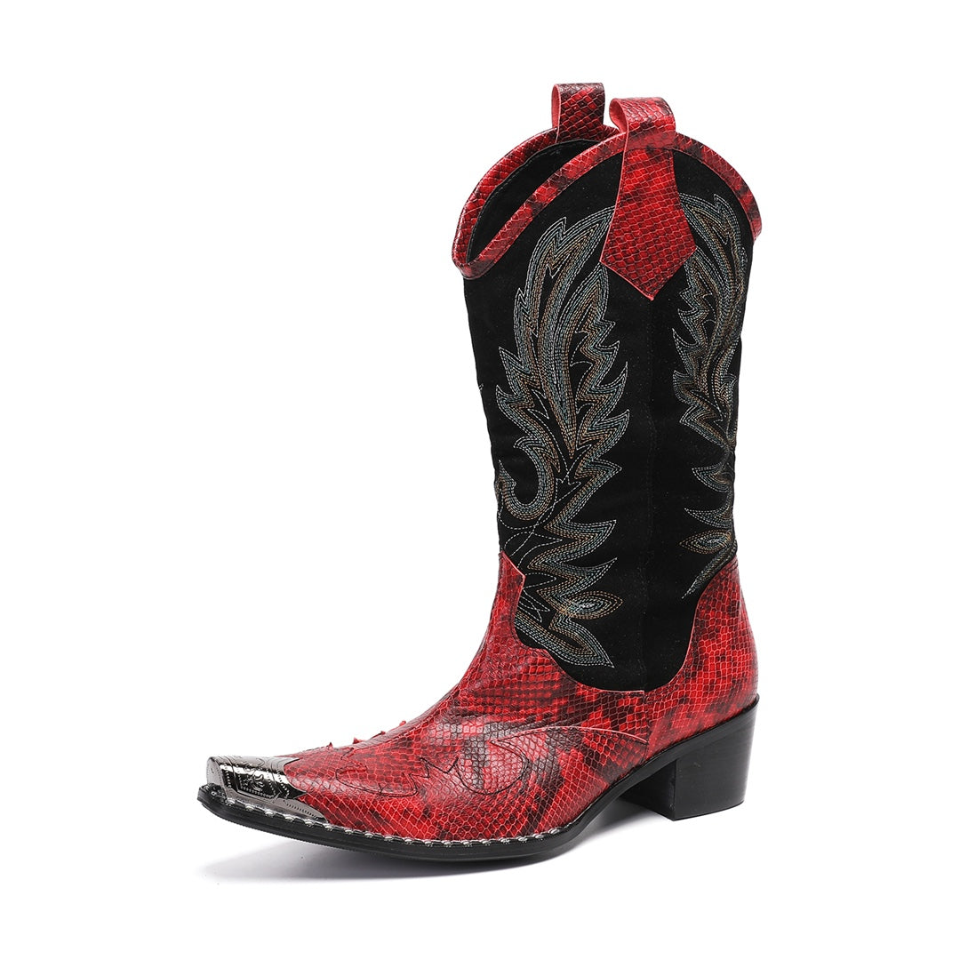 Pair of men's red snakeskin western boots with black shafts, intricate embroidery, and silver metal toe caps on a white