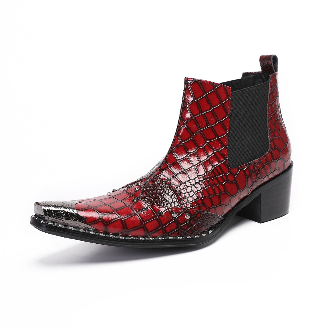 Pair of men's red crocodile embossed Chelsea boots with pointed metal toe caps and studs