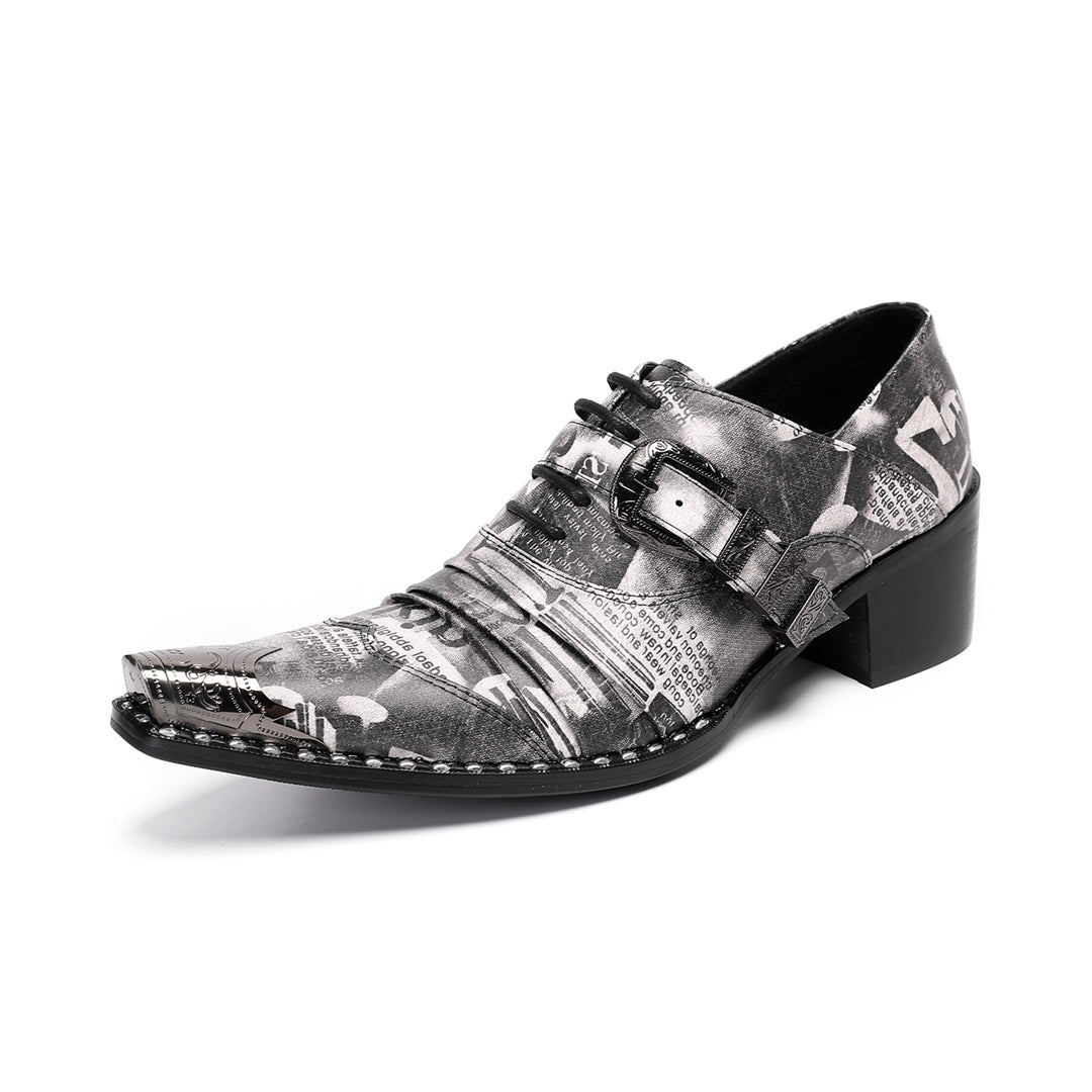 A pair of Dolashoes men's pointed toe lace-up shoes with a gray newspaper print, metal toe cap, and block heel.