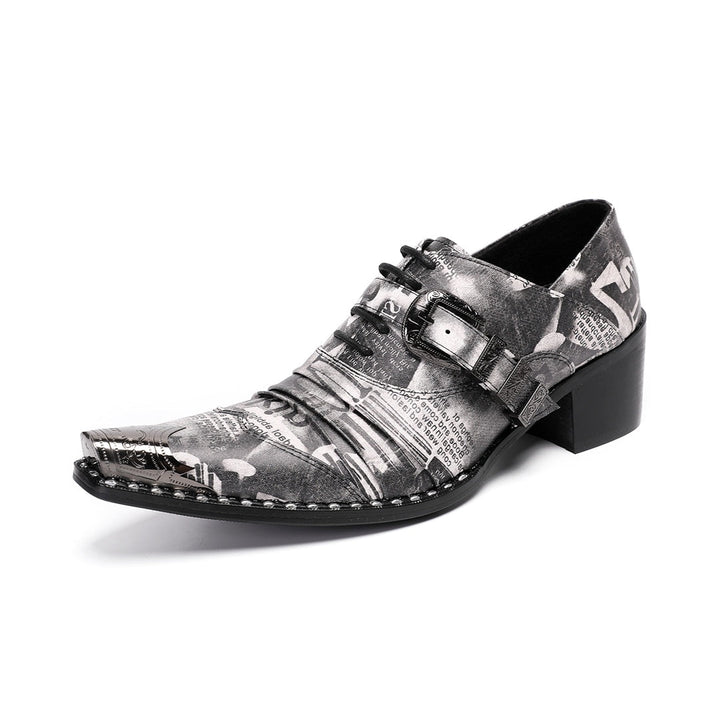 A pair of Dolashoes men's pointed toe lace-up shoes with a gray newspaper print, metal toe cap, and block heel.