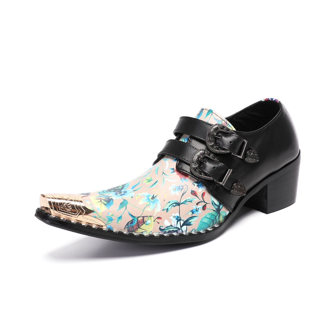 Pair of men's black and floral print buckle dress shoes with a gold metal pointed toe.