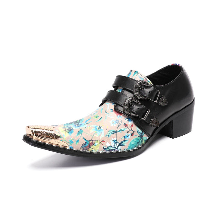 Pair of men's black and floral print buckle dress shoes with a gold metal pointed toe.