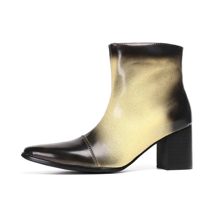 Pair of men's gradient ankle boots with a black to gold finish, pointed toe, and block heel, shown from various angles.