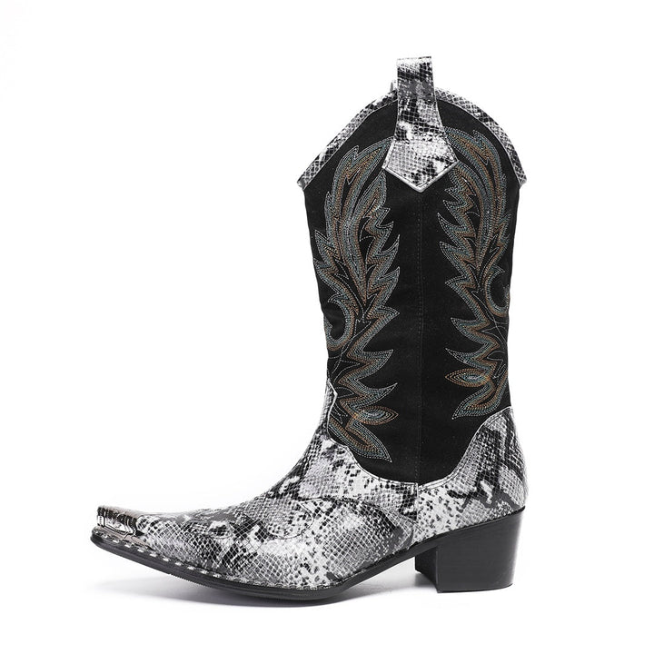 A pair of black and white snakeskin cowboy boots with an embroidered shaft and metal-tipped pointed toe.