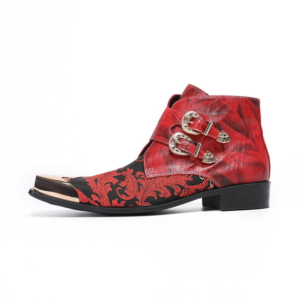 Pair of men's red and black embroidered ankle boots with gold metal square toe caps and double buckle straps.