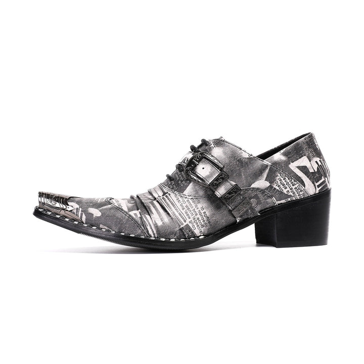A pair of Dolashoes men's pointed toe lace-up shoes with a gray newspaper print, metal toe cap, and block heel.