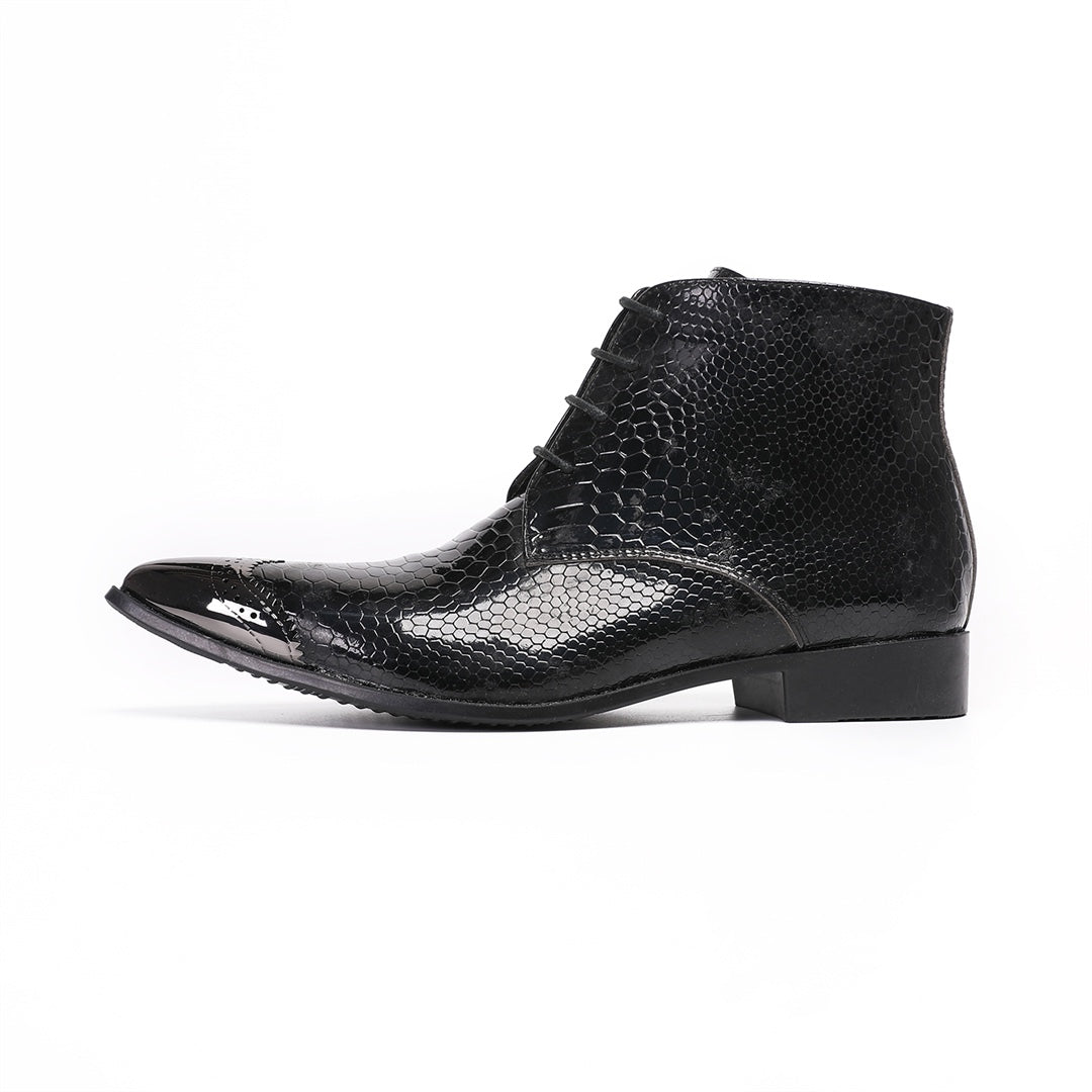 Pair of men's black snakeskin embossed ankle boots with a shiny metal pointed toe cap, lace-up front, and side zipper.