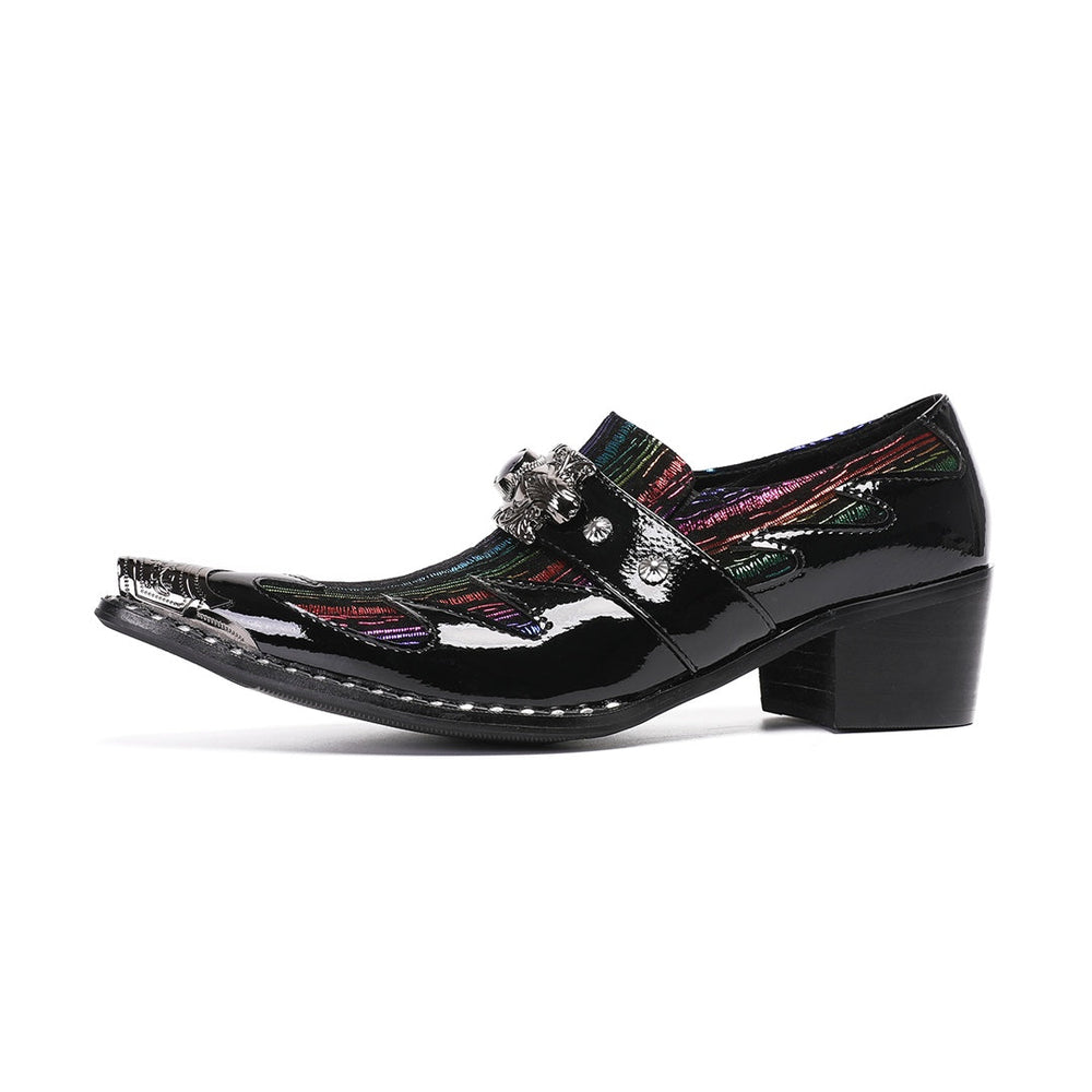 A single black patent leather men's dress shoe with a pointed metal toe, rainbow-striped vamp, and a decorative silver buckle