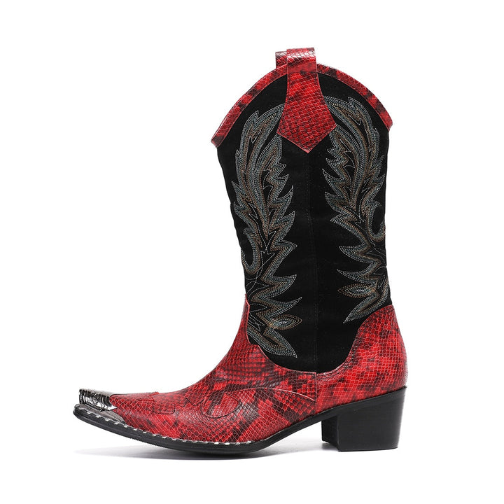 Pair of men's red snakeskin western boots with black shafts, intricate embroidery, and silver metal toe caps on a white
